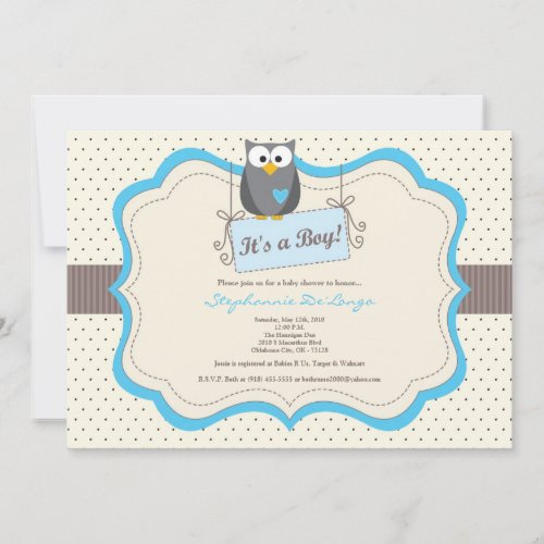 5x7 Blue Hoot Owl Woodland Baby Shower Invitation