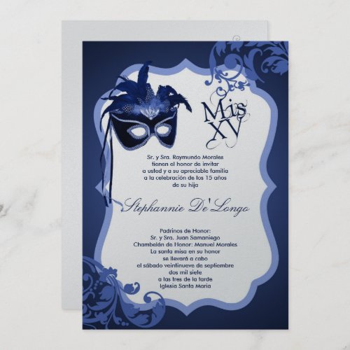 5x7 Blue Masquerade Mask Quinceanera Invitation