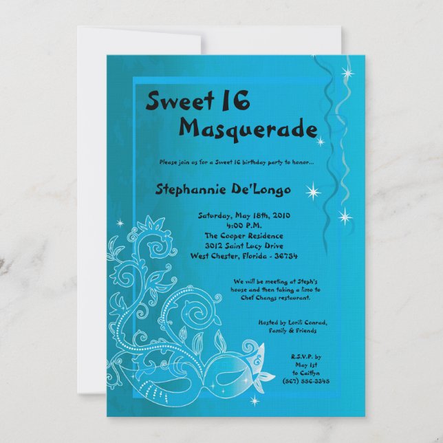 5x7 Blue Masquerade Sweet 16 Birthday Invitation (Front)