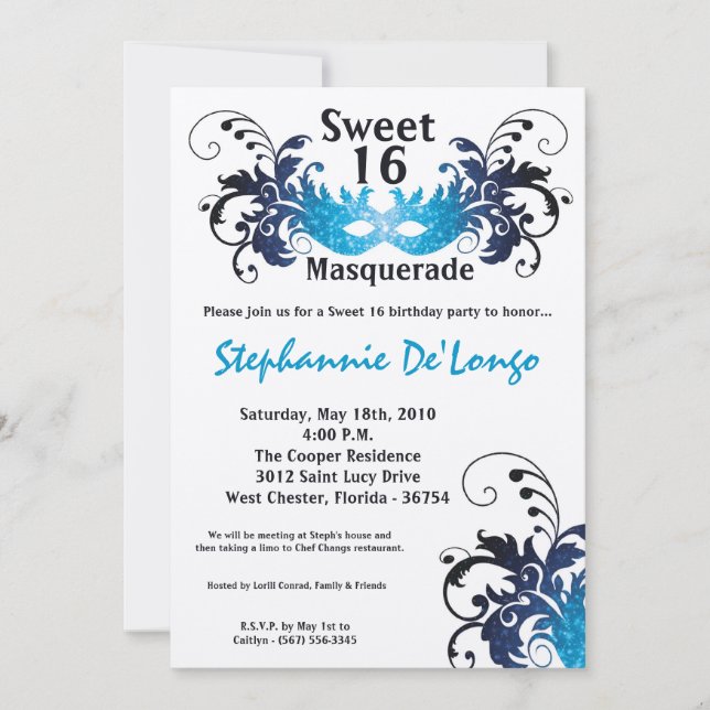 5x7 Blue Masquerade Sweet 16 Birthday Invitation (Front)