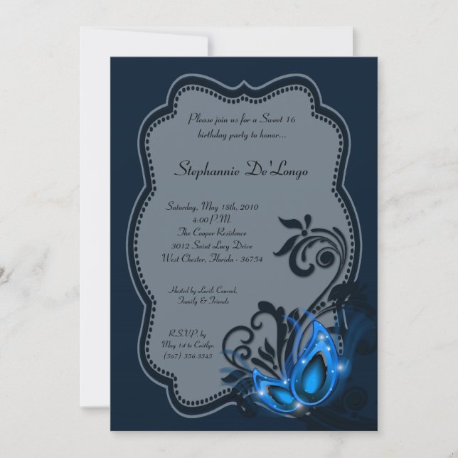5x7 Blue Masquerade Sweet 16 Birthday Invitation (Front)