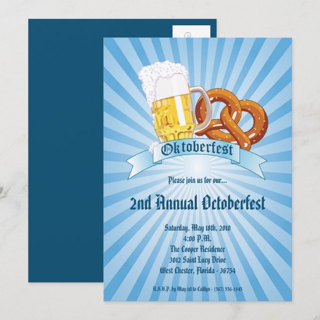 5x7 Blue Oktoberfest Beer Pretzel Party Invitation (Front/Back)