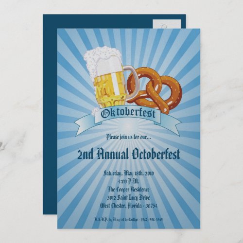 5x7 Blue Oktoberfest Beer Pretzel Party Invitation