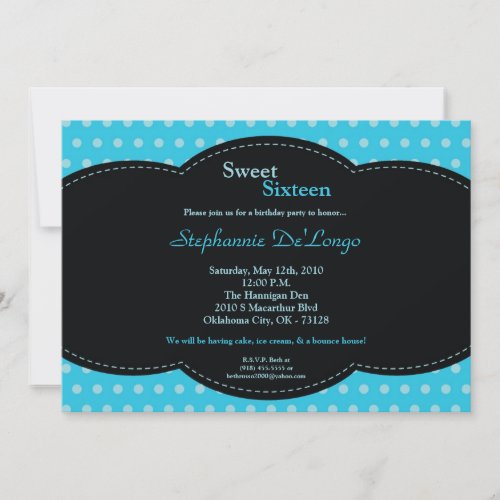 5x7 Blue Polkadot Sweet 16 Birthday Invitation