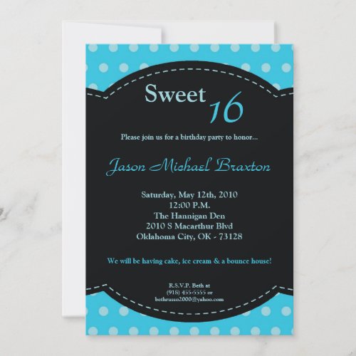 5x7 Blue Polkadot Sweet 16 Birthday Invitation