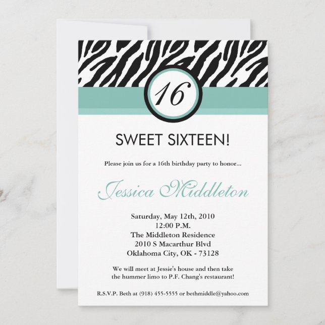 5x7 Blue Zebra 16th Birthday Invitation (Front)