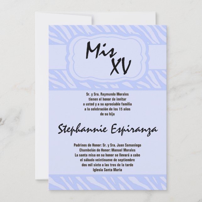 5x7 Blue Zebra Print Quinceanera 15 Invitation (Front)