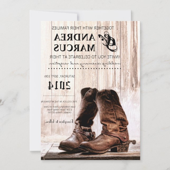 5x7 Boots Country Rustic WesternWedding Invitation (Front)