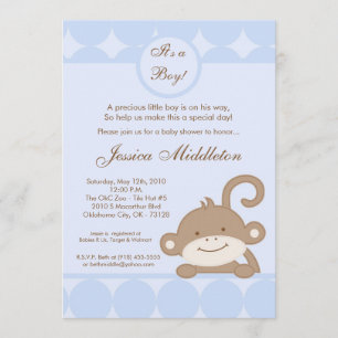5x7 Boy Blu PolkaDot Monkey Baby Shower Invitation