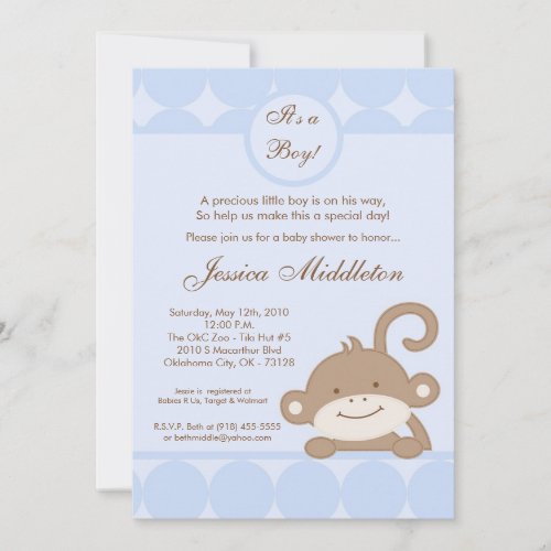 5x7 Boy Blu PolkaDot Monkey Baby Shower Invitation