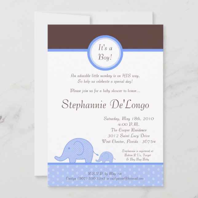 5x7 Boy Blue Mod Elephant Baby Shower Invitation (Front)