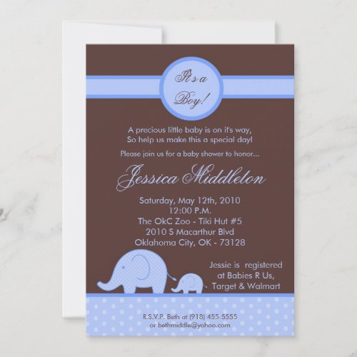 5x7 Boy Blue Mod Elephant Baby Shower Invitation