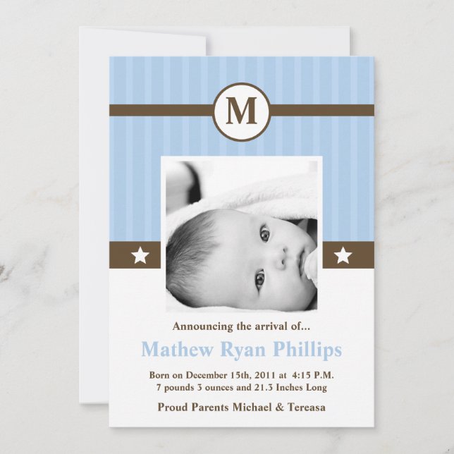 5x7 Boy Blue Monogram PHOTO Birth Announcement (Front)