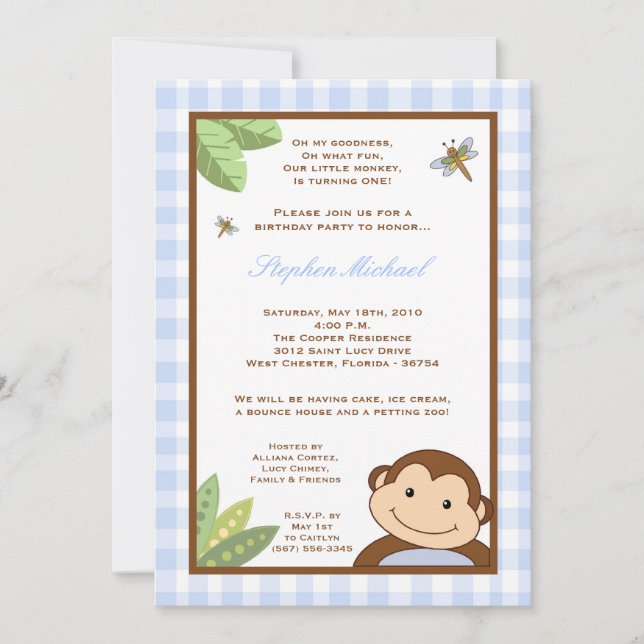 5x7 Boy Blue Papgayo Monkey Birthday Invitation (Front)