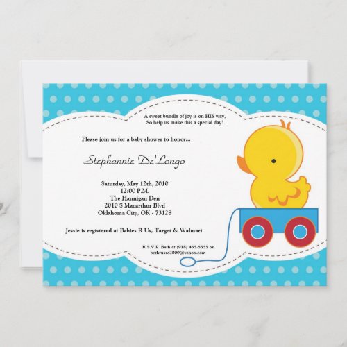 5x7 Boy Blue Polkadot Duck Baby Shower Invitation