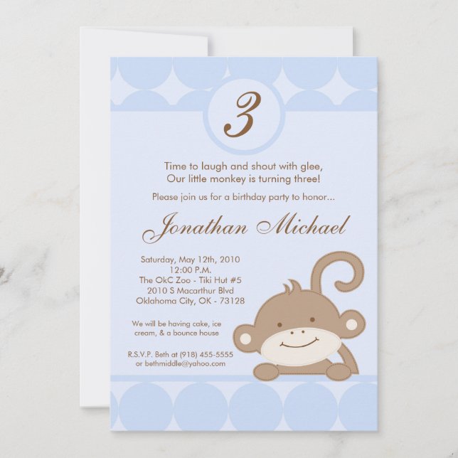 5x7 Boy Blue PolkaDot Monkey Birthday Invitation (Front)