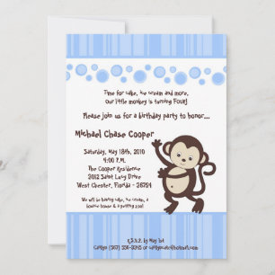 5x7 Boy Blue Pop Monkey Birthday Invitation