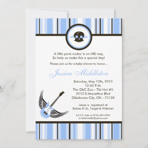 5x7 Boy Blue Punk Rocker Baby Shower Invitation