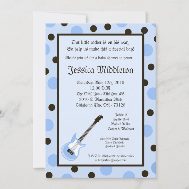 5x7 Boy Blue Rocker Guitar Baby Shower Invitation (Front)