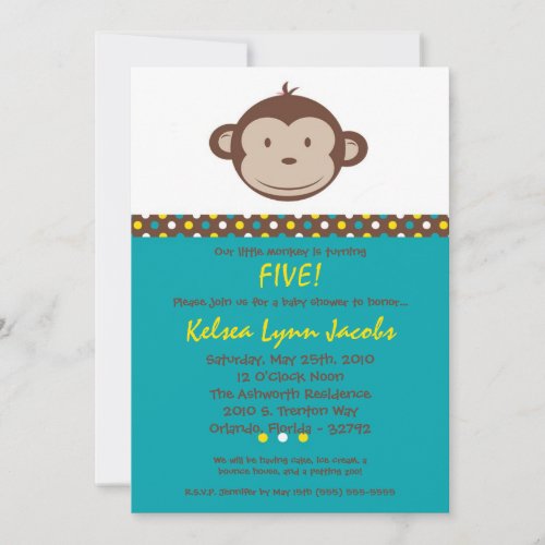 5x7 Boy Modern Mod Monkey Birthday Par Invitation