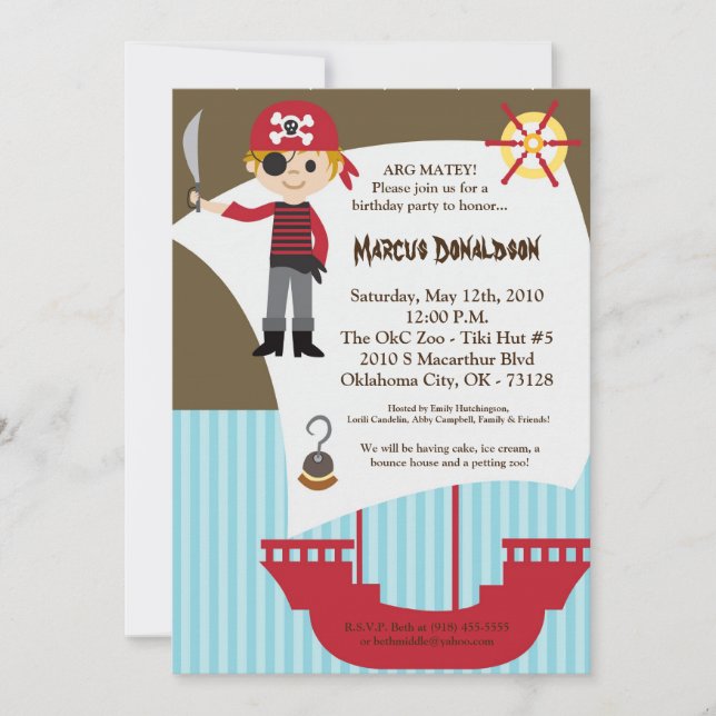 5x7 Boy Pirate Ship Birthday Party Invitation (Front)