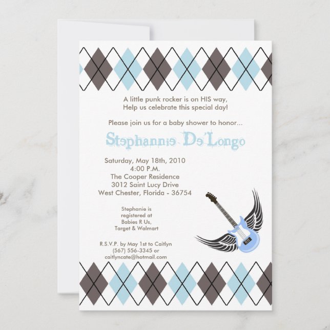 5x7 Boy Punk Rocker Guitar Baby Shower Invitation (Front)