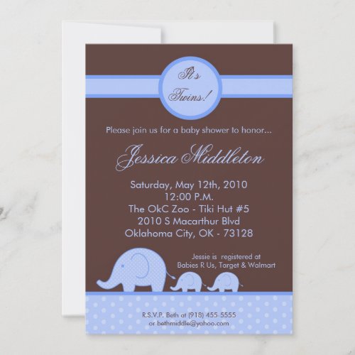 5x7 Boy Twins Mod Elephant Baby Shower Invitation