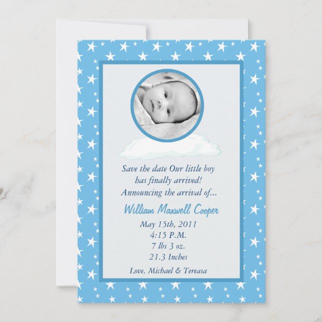5x7 Boys Circle PHOTO on Cloud Birth Announcement (Front)