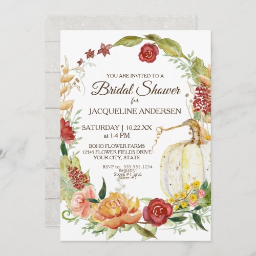 5x7 Bridal Shower Fall Floral Wreath White Pumpkin Invitation