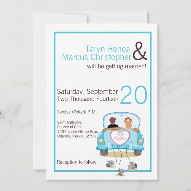 5x7 Bride Groom Car Cans Wedding Invitation (Front)