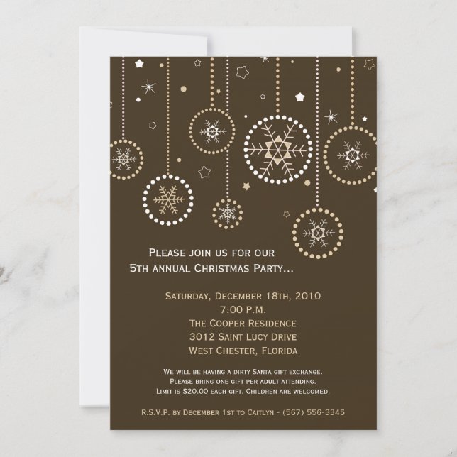 5x7 Brown Gold Snowflake Christmas Invitation (Front)