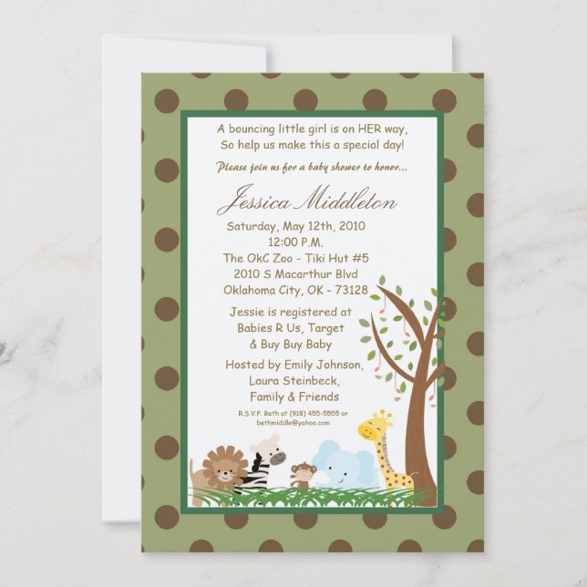 5x7 Brown Jungle Safari Zoo Baby Shower Invitation (Front)