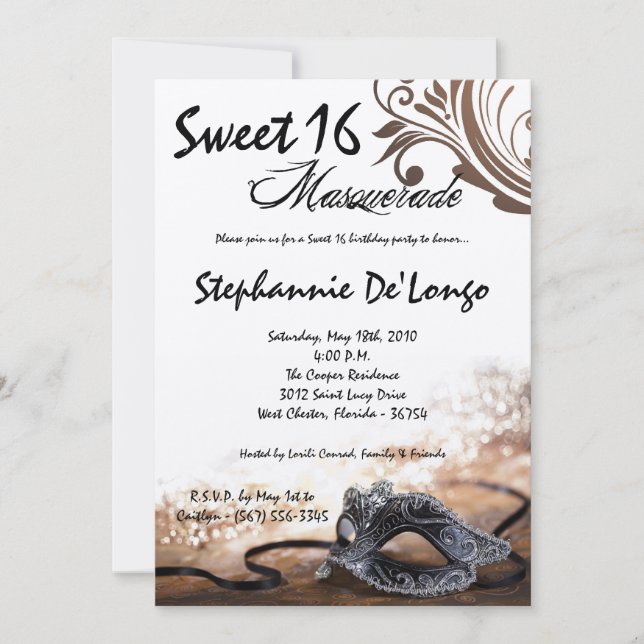 5x7 Brown Masquerade Sweet 16 Birthday Invitation (Front)