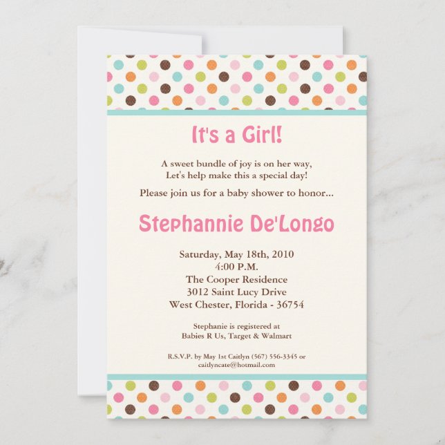 5x7 Bubblegum Polka Dot Pok Baby Shower Invitation (Front)