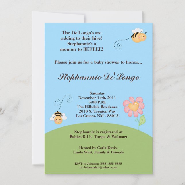 5x7 Bumble Bee Spring Insec Baby Shower Invitation (Front)