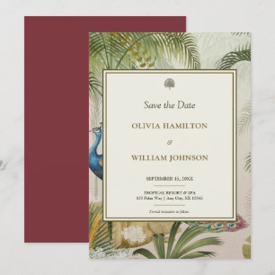 5x7 Burgandy Tropical Peacock Palm Wedding  Save The Date