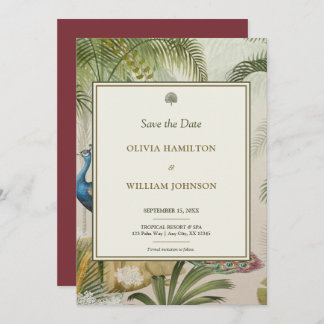 5x7 Burgandy Tropical Peacock Palm Wedding Save The Date