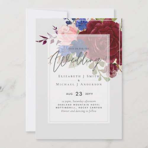 5x7 Burgundy Blue Pink Floral Wedding Invitations