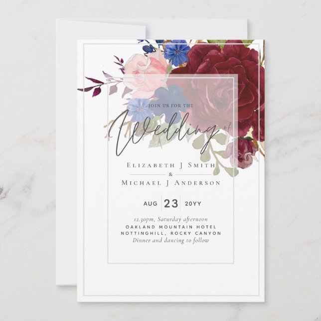 5x7 Burgundy Blue Pink Floral Wedding Invitations (Front)