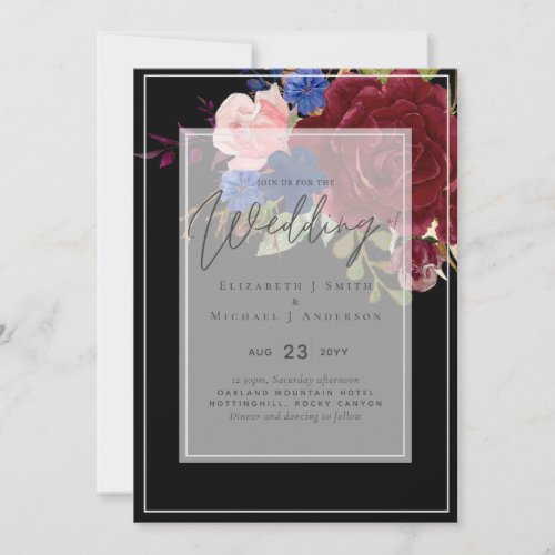 5x7 Burgundy Blue Pink Floral Wedding Invitations