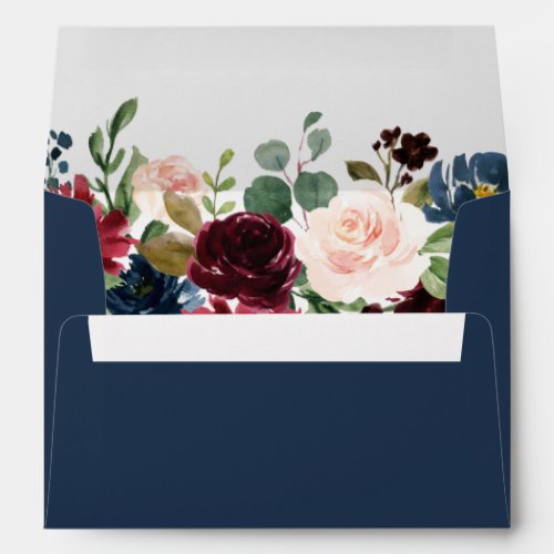 5x7 - Burgundy Blush Blue Floral & Return Address Envelope - Create your own Envelopes for 5x7 cards with this "Burgundy Blush Blue Floral Themed Envelope template". You can customize it with your return address on the flap. This envelope design is perfect to match your wedding invitations. 
(1) For further customization, please click the "customize further" link and use our design tool to modify this template. 
(2) If you need help or matching items, please contact me.
