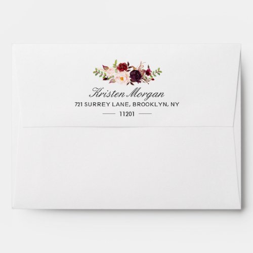 5x7 - Burgundy Blush Chic Floral & Return Address Envelope - Create your own Envelopes for 5x7 cards with this "Burgundy Blush Chic Floral Themed Envelope template". You can customize it with your return address on the flap. This envelope design is perfect to match your wedding invitations. 
(1) For further customization, please click the "customize further" link and use our design tool to modify this template. 
(2) If you need help or matching items, please contact me.