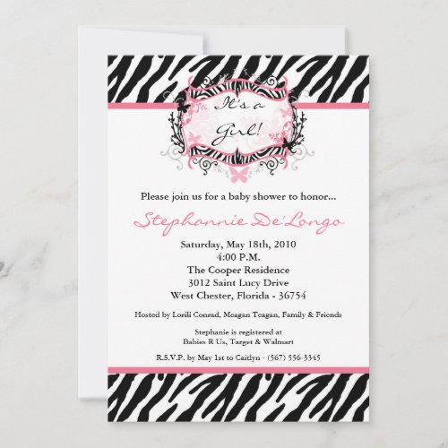 5x7 Butterfly Zebra Print Baby Shower Invitation