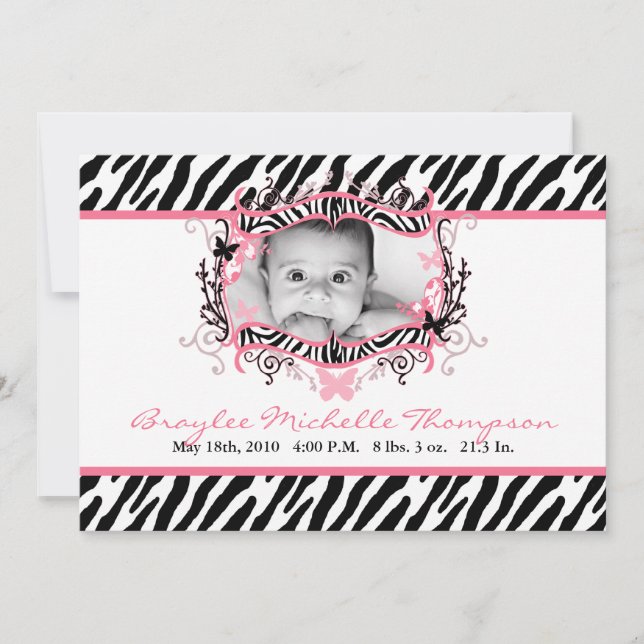 5x7 Butterfly Zebra Print Photo Birth Announcement (Front)