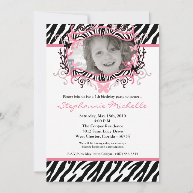 5x7 Butterfly ZebraPrint Photo Birthday Invitation (Front)