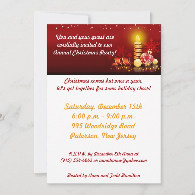 5x7 Candle Night Christmas Party Invitation (Front)