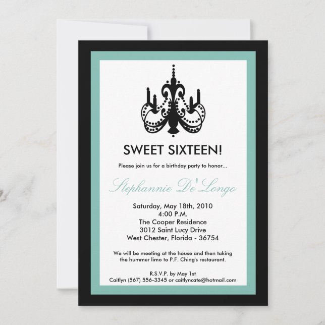 5x7 Chandelier Blue 16 Birthday Invitation (Front)