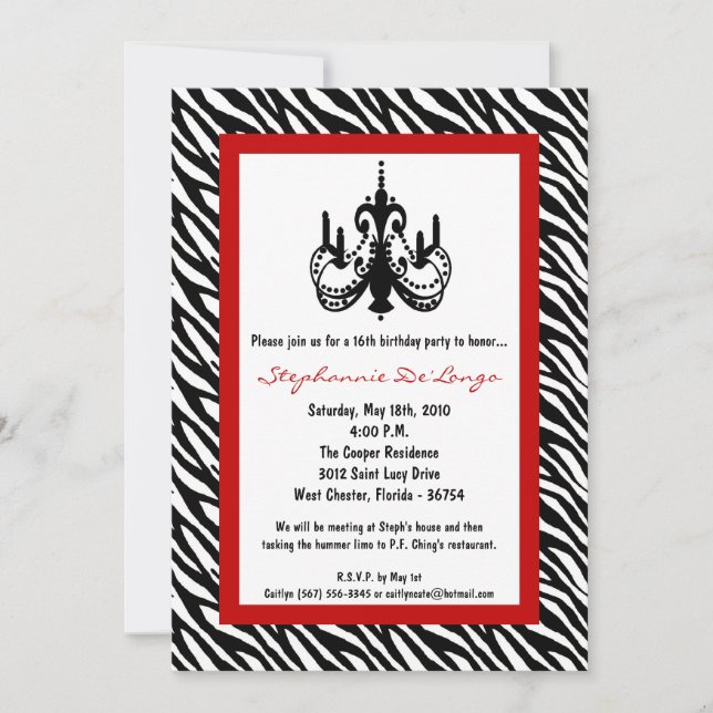 5x7 Chandelier Red Zebra 16th Birthday Invitation (Front)