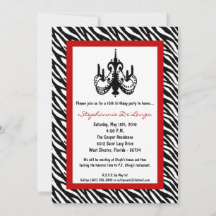 5x7 Chandelier Red Zebra 16th Birthday Invitation