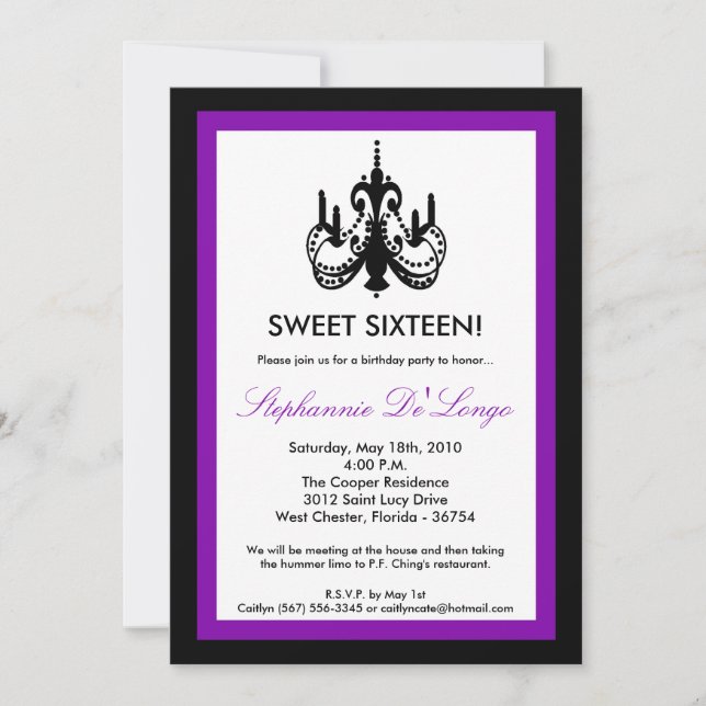 5x7 Chandelier Royal Purple 16 Birthday Invitation (Front)
